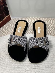 RD705 [𝓐𝓱𝓯𝓮𝓲.𝓢𝓱𝓸𝓹] • Womens Open Toe Summer Slippers – Plaid Fabric Strap Beach and Street Flat Sandals
