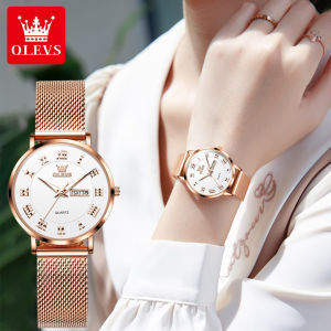 OLEVS 2920 Simple Women Quartz Watch Gift Stainless Steel Watchband Round-dial Wristwatch Week Display Calendar