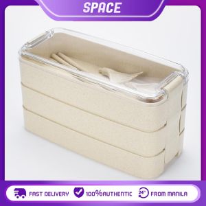 3 Layer Bento Lunch Box Japanese Wheat Straw 900ML Lunch Box Portable Picnic Food Fruit Container Storage Box 3-In-1 Stackable Compartment Bento Box with Spoon and Fork Leakproof Eco-Friendly Meal Prep Containers for Kids Adult School Accessories