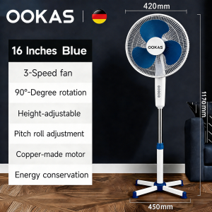 OOKAS Powerful Stand Fan 3 Speed Noise Reduction Energy Saving 50% 3 blades Electric Fan 5-Year Warranty
