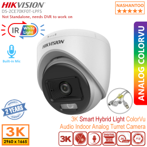 (2025 New) HIKVISION DS-2CE70KF0T-LPFS 3K/5MP Smart Hybrid Light ColorVu Audio Indoor Analog Turret Camera Switchable TVI/AHD/CVI/CVBS Built-in Mic Analog CCTV Camera