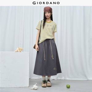 Giordano Women Beaded drawstring waist embroidery maxi skirt Free Shipping 18466315