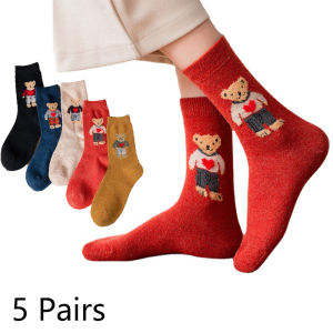 5 Pairs Women Winter Warm Wool Socks Thick Cute Cartoon Bear Harajuku Kawaii Japanese Korean Style Cashmere Feel Sock for Ladies