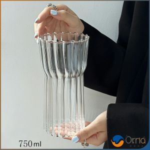 Orna แก้ววินเทจ ถ้วยกาแฟลายทางสไตล์ญี่ปุ่น ลายจีบด้านในทั้งใบ Glass coffee cup