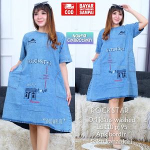 Dress Lepis Wanita Jumbo Mini Dress Jeans Denim Korea Home Dress Jins Bordir Saku Depan Roka Dress Kekinian Rit SHop