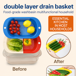 Double-Layer Drain Basket Kitchen Plastic Panning Basket Vegetable Fruit Storage Basket Fruit Tray