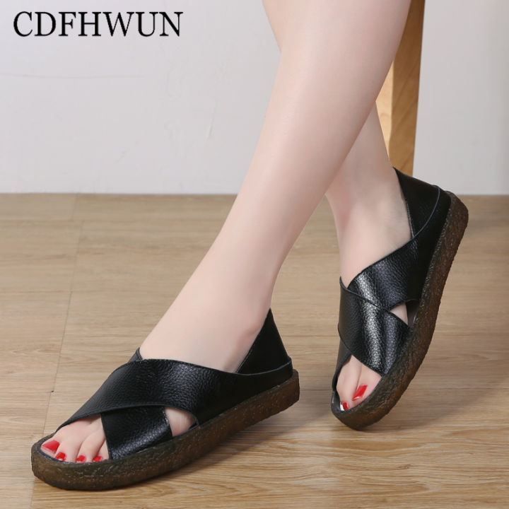 CDFHWUN Sandals for Women Leather Casual Shoes Fashion Flat