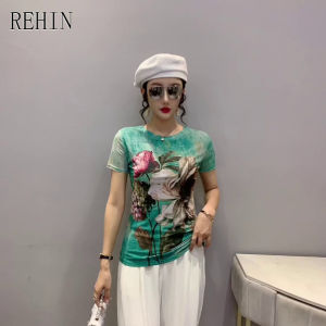 Rehin แฟชั่นชั้นนำ การเสริมจมูก ผู้หญิงตา รูปแบบที่ไม่ซ้ำกันพิมพ์แขนสั้น เสื้อยืด คอกลมบางและบางเสื้อที่สง่างาม