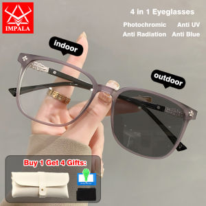 IMPALA JS6022P Auto Change Color Myopia Glasses for Men and Women Anti Blue Light Nearsighted Eyeglasses Photochromic Lens Anti-UV Reading Glasses Grade Powered -0.5~-4.0 with Glasses Case