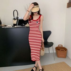 Missliu Fashio Dresses For Women Red Striped Camisole Skirt untuk wanita 2025 Summer Slim kasual Split Mid panjang pakaian