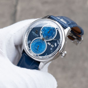 OBLVLO Fashion Design Mens Mechanical Watch 24-Hour Date Multifunctional Blue Leather Strap Automatic Watches AM-PW