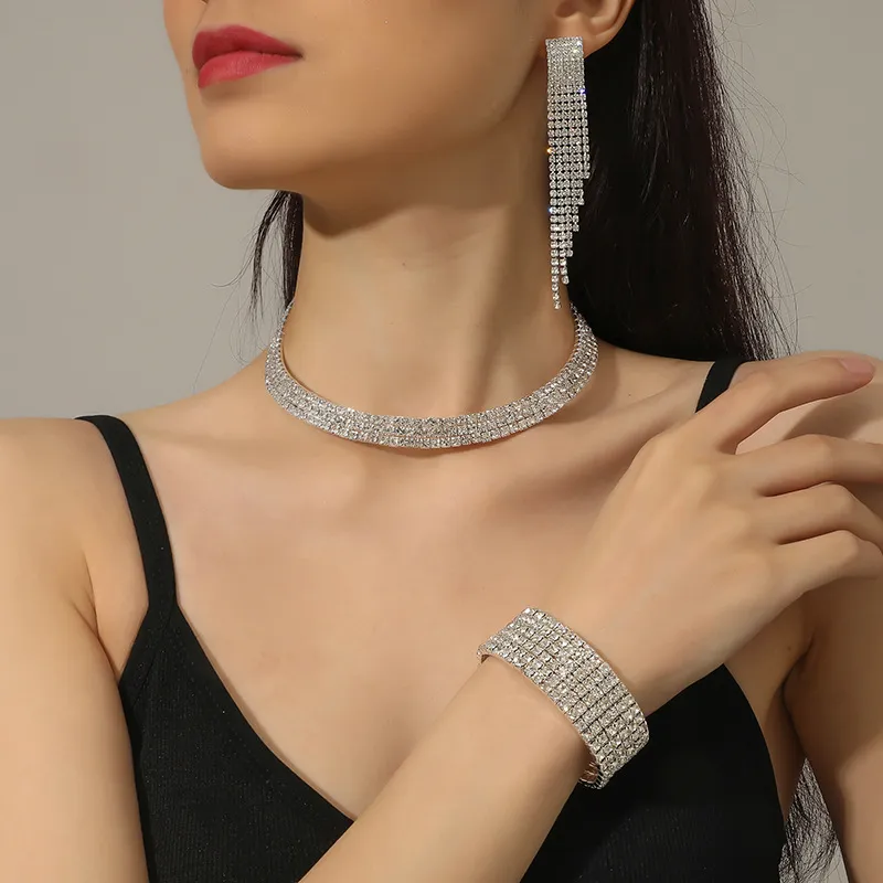 Luxury Crystal Wedding Bridal Jewelry Sets For Women Diamond Necklace  Earrings Bracelet Set
