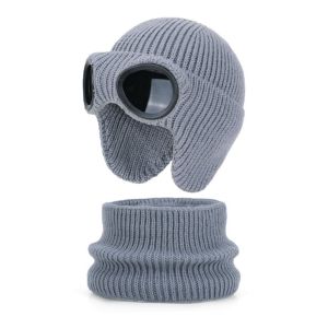 SQMETR 2Pcs/Set Mùa đông Bộ mũ và khăn trùm đầu dành cho trẻ em khi trượt tuyết Ấm áp Lớp lót mềm mại Mũ len đan cho trẻ em Thời trang Làm dày Mũ ấm kèm dành cho bé gái bé trai