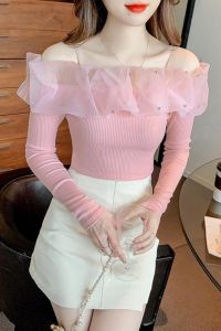 แฟชั่นแขนยาวปิดไหล่เสื้อยืดผู้หญิงใหม่ไหล่เดียวตาข่ายเย็บเสื้อแขนยาว