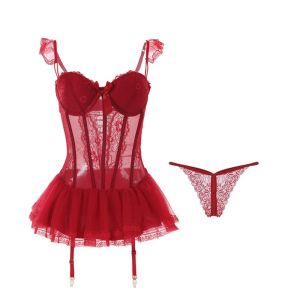 HUIHEYU Bow Lace Nightgown Transparent Mesh Women Lingerie Homewear Sleeveless Lace Sling Nightdress Gift