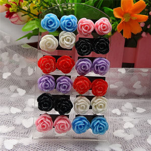 [fenggongshuode] 12 Pairs Mystic Rose Stud Earrings Mixed Color Flower Earrings Wholesale