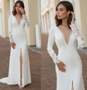Modern V-Neck Mermaid Wedding Dress Long Sleeves Lace Appliques High Split Elegant Backless Bridal