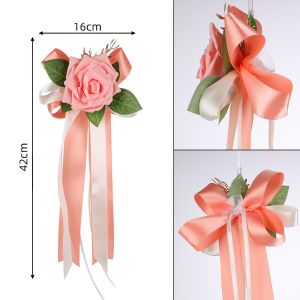 NOBLELYN Silk Wedding Car Flowers Artificial European Style Door Handle Decorative Flowers  Bowknot Rearview Mirror Decor Floral Wedding Car