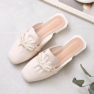Sampai7an SPT-41 / Sepatu Sandal Wanita Aksesoris Mutiara Aesthetic Model Slip On Flat Shoes Tapak Tahu Woman Sandals Lucu / COD