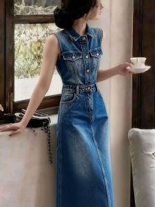 Fashion sleeveless denim dress womens new retro style simple design blue lapel denim sleeveless dress
