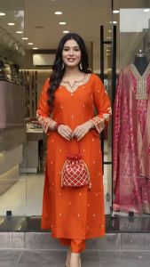 Straight Kurti Heavy Embroidered Kurti Pant Set with Jacquard Dupatta