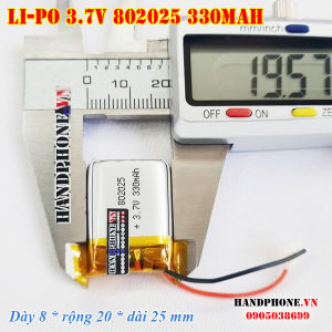 Pin Li-Po 3.7V 330mAh 802025 752025 (Li-Polymer) cho tai nghe Bluetooth định vị GPS máy nghe nhạc. Pin dày 8mm