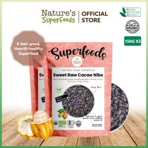 Bundle Deal: Natures Superfoods Organic Sweet Raw Cacao Nibs 150g x2 Packs Snack l Coated with Prebiotic Yacon Syrup (HALAL Certified)