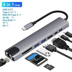 USB C Hub 8 In 1 Type C 3.1 To 4K HDMI-compatible Adapter with RJ45 SD TF Card Reader PD Fast Charge Thunderbolt 3 USB Dock