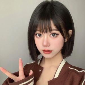 Punk style one knife wig female black short hair bobo head air bangs short straight hair full headgear