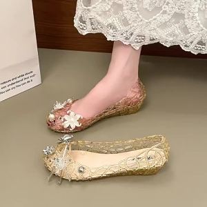 [Free Shipping] Flower Transparent Crystal Shoes For Women Summer Outdoor Flat Shoes Sweet And Cute Jelly Shoes For Vacation