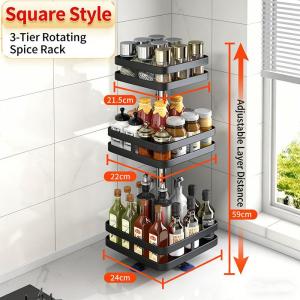 360° Rotation Carbon Steel Spice Rack Organizer Non-Skid Kitchen Storage Tray for Seasonings And Cans