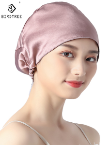 Birdtree 16MM 100% Real Silk Turban BonnetsFemale Double Layered Solid Sleeping Night Wrap CapFor Curly Ladies A34317M2026