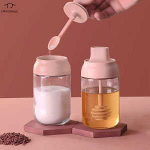 HKStorage 250ml Seasoning Bottles Glass Condiment Storage Containers Condiment Pot Spice jar with Spoon Honey Pot Oil Brush Bottle