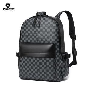 Wiresto Fashion Men’s Backpack Laptop Backpack Soft PU Backpack Business Travel Bag Waterproof Backpack Grid Pattern Design College Commuting Backpack Leisure School Bag For Travel Study Business