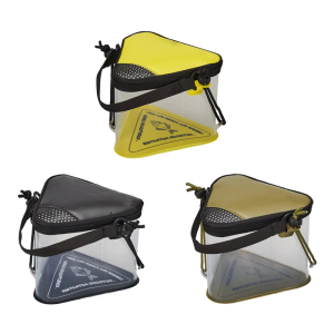 ถัง Minnow อเนกประสงค์ถังน้ำสามเหลี่ยมแบบพกพาภาชนะใส่เหยื่อสดพร้อมฝาปิดตาข่ายพับได้