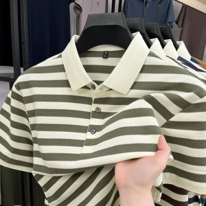 NCE【43-110kg】Plus size new striped contrasting casual mens short sleeved polo shirt leads the trend
