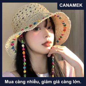 【CANAMEK】 Thời trang đầy màu sắc hạt gỗ mũ rơm cho phụ nữ trong mùa hè với lớn Hollow vành Sun hat có thể gập lại ngư dân hat