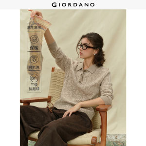 Giordano Women Paisley jacquard loose polo sweater Free Shipping 18355930
