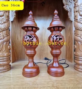 Cặp đèn thờ gỗ xà cừ phúc lộc thọ màu nâu mẫu mới - cao 36cm