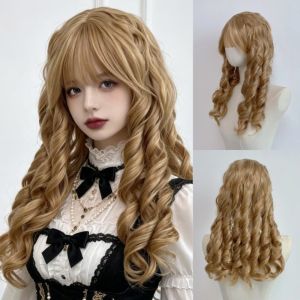 VINEY Vàng Tóc giả kiểu công chúa xoăn Roman với mái thẳng Phong cách cung đình Tóc giả cosplay dài gợn sóng Thời trang Thanh lịch Tóc giả hóa trang Lolita Halloween dành cho phụ nữ