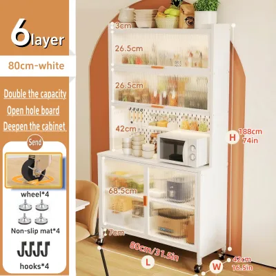 Kitchen Storage Cabinet Sideboard Cupboard Microwave Stand Cabon Steel Organizer With Foldable Door and wheels