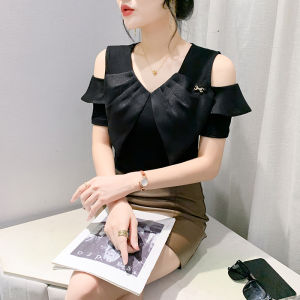 Yimei Áo Thun Nữ Cổ Chữ V nơ mùa hè Châu Âu Áo Đỏ Hở Vai Dự Tiệc Tay ngắn 2024 mới