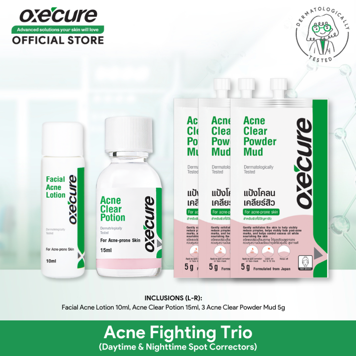 OXECURE Acne Fighting Trio (Acne Clear Powder Mud 5g, Acne Clear Potion