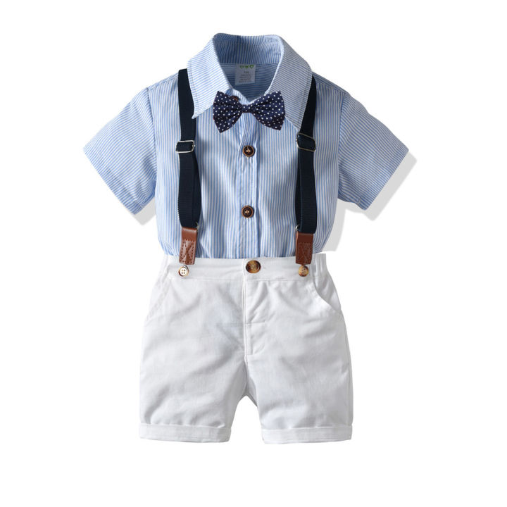 New Boy Clothes Suit Gentleman Bow Tie Cotton Short-sleeved Blue Shirt ...