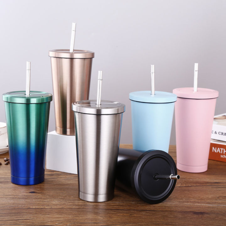 Stainless Steel Vacuum Cup Coffee Mug Tumbler with Straw Double