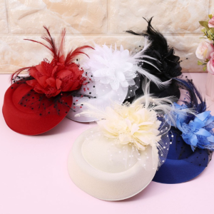 Elegant Fascinator Hairpin Hat Small Hats Women‘s Feather Polka Dot Yarn Flower Brides Cap Hair Accessories Wedding