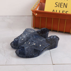 New Plastic Jelly Rhinestone Sandals For Women Summer Mid-Heel One-Strap Thick-Soled Casual Outdoor Shoes For Mothers