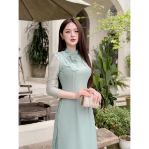 Áo Dài Nữ Truyền Thống 4 Tà Tơ Óng Lót Lụa Tay Bồng Đính Hoa Trẻ Trung (MD01) - Áo Dài Khánh Vân