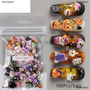 [COD] Modingdue 50 100Pcs Kawaii Halloween Nail Charms Cartoon Pumpkin Ghost Cat Mixed Sized Resin Ornaments Cute Spider Web Bat Nail Decor