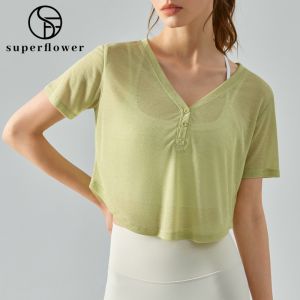 Superflower mềm bề mặt thoải mái trong suốt Yoga thoáng khí Cover-up Áo sơ mi ngắn tay cho tập yoga của phụ nữ